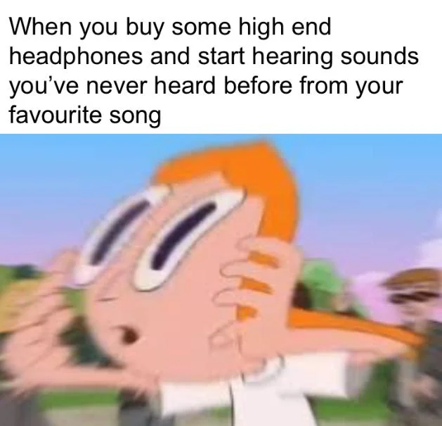A cartoon character with hands on headphones, eyes wide, with a caption about hearing new sounds in a song with high-end headphones. Blurry background
