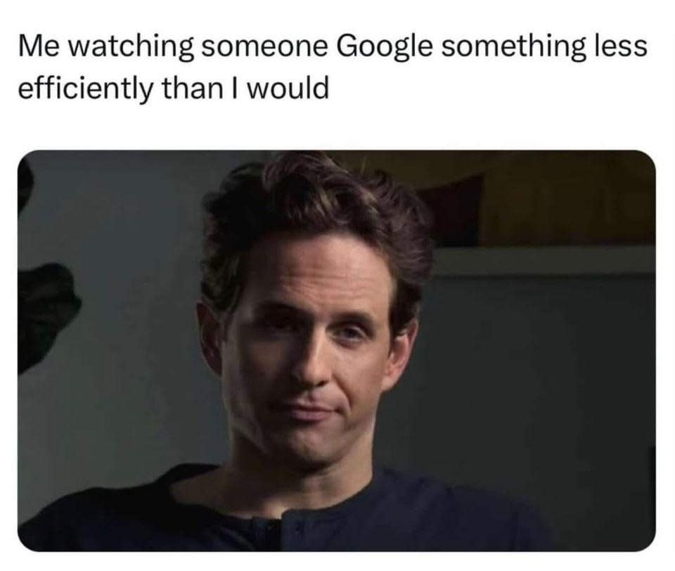 Person looking unimpressed under text, "Me watching someone Google something less efficiently than I would."