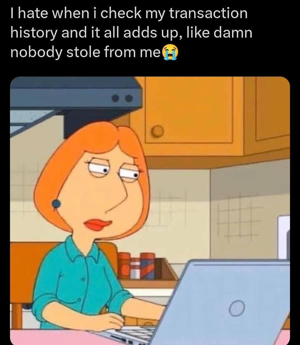 Animated character at a computer, with a sad expression, captioned about relief when personal transaction history is accurate