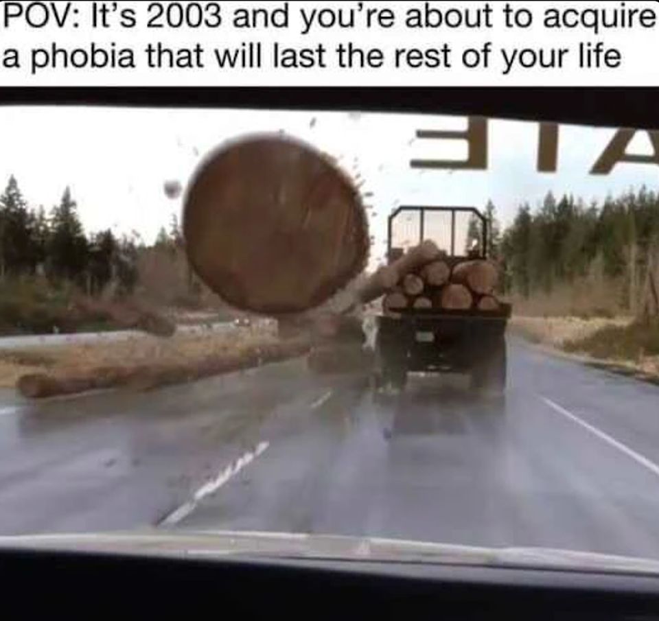 Car view of logs falling from truck on road, with text about acquiring a lasting phobia in 2003