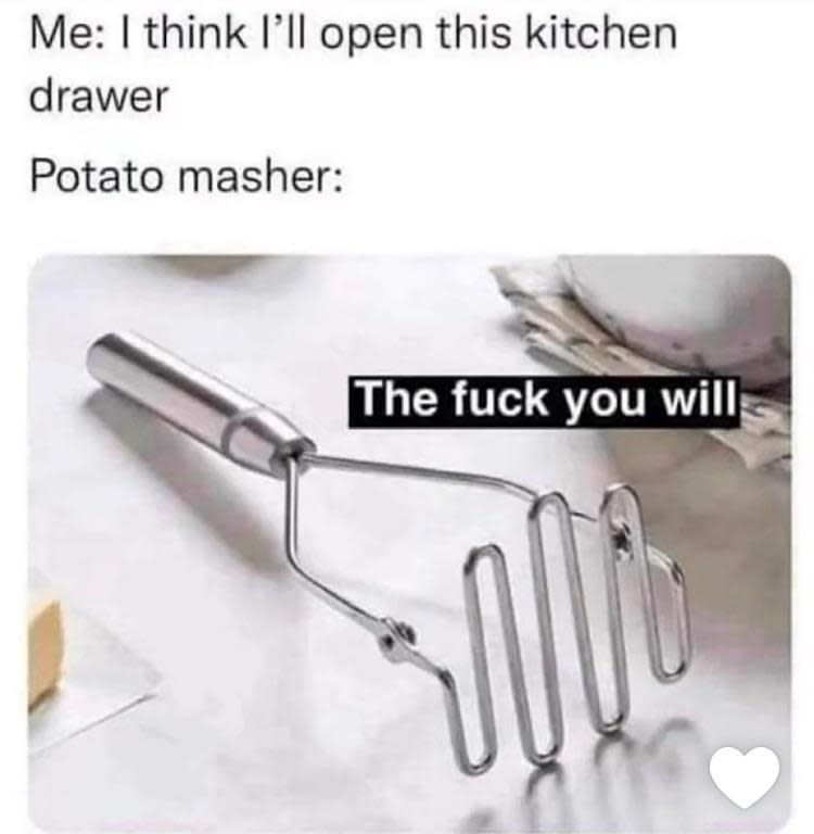 A meme showing a potato masher blocking a drawer. Text: "Me: I think I'll open this kitchen drawer. Potato masher: The [expletive] you will."