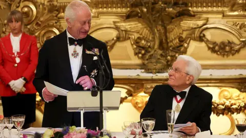 Getty Images King Charles III gives a speech next to President of Italy Sergio Mattarella at a State Banquet at Quirinale Palace