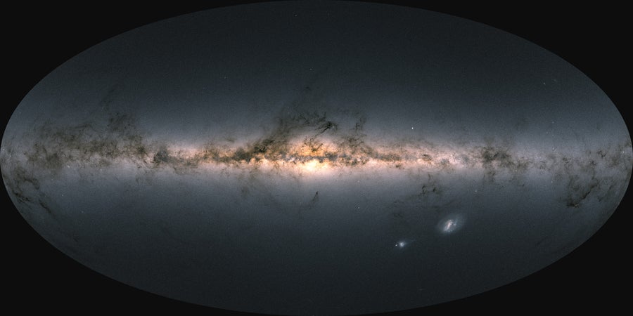 The disk of the Milky Way and the surrounding sky, as observed by ESA’s Gaia satellite