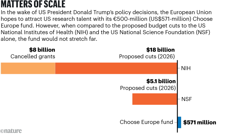 MATTERS OF SCALE: barchart comparing proposed budget cuts to the National Institutes of Health and the US National Science Foundation to the EU's Choose Europe Fund.