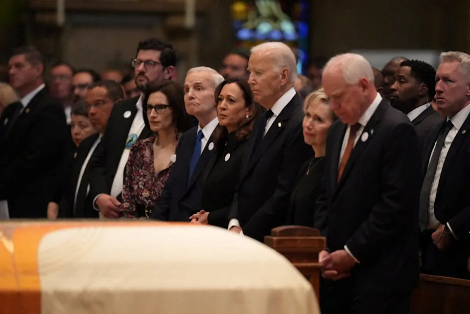 Harris, Biden and Walz were sitting at the front of the church for the service (via REUTERS)