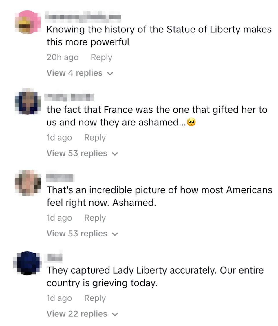 Comments expressing sympathy and shame regarding recent events involving the Statue of Liberty and France