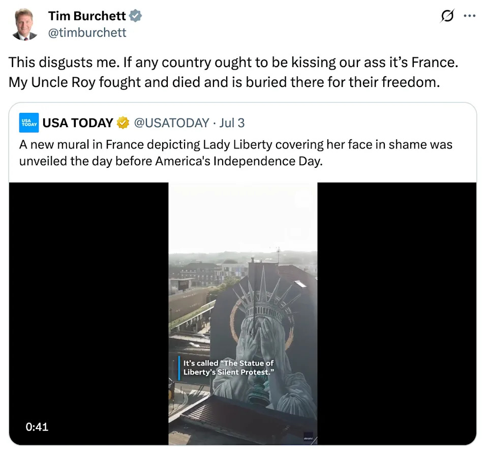 Tweet by Tim Burchett criticizing a French mural of Lady Liberty. USA Today clip shows the statue covering her face