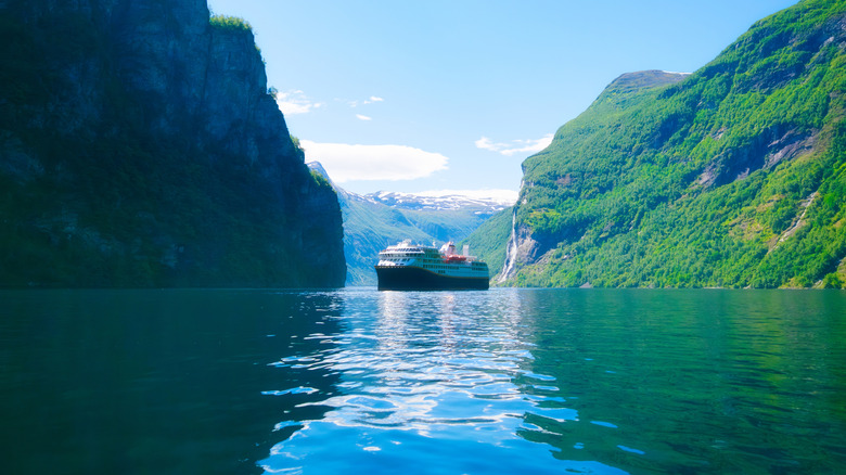 A cruise ship in a Norwegian fjord
