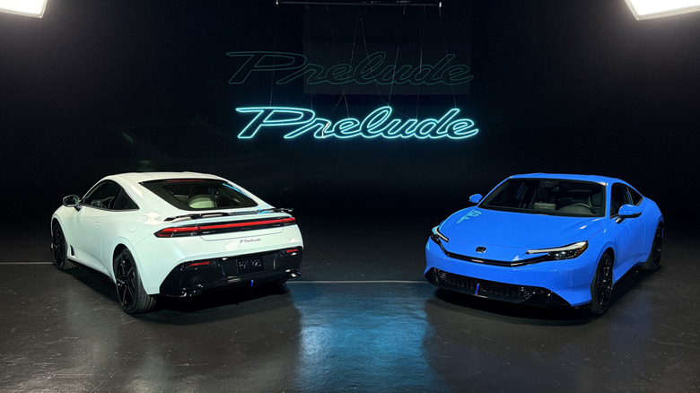 A white 2026 Honda Prelude and blue Prelude next to each other in a studio