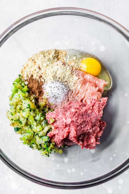 Ingredients for Swedish meatballs in bowl before mixing.