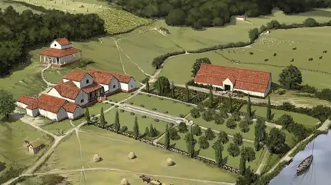 Peter Urmston/English Heritage Reconstruction drawing by Peter Urmston of Lullingstone Roman Villa, Kent, in the late 4th Century